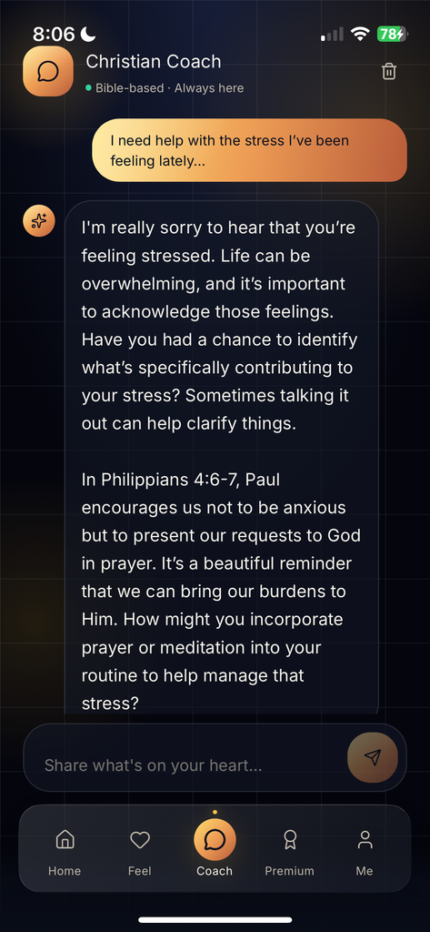 HeavenMade Christian Coach conversation screen