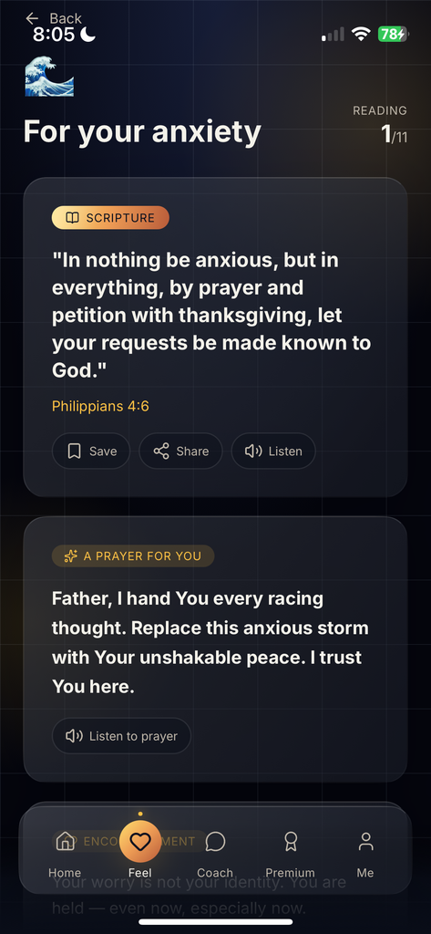 HeavenMade Feel screen — choose how you're feeling today