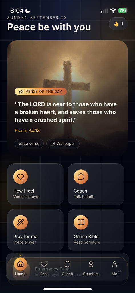 HeavenMade Home screen — Verse of the Day and daily actions