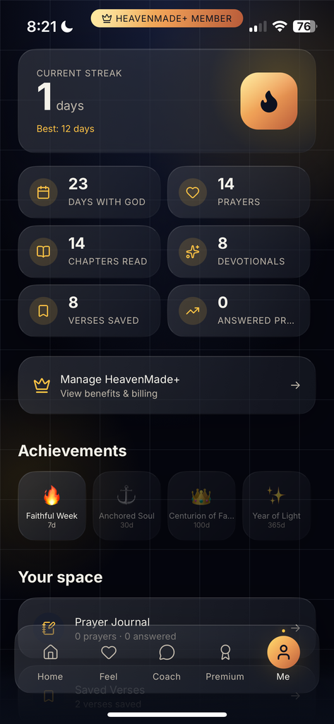 HeavenMade profile and progress screen
